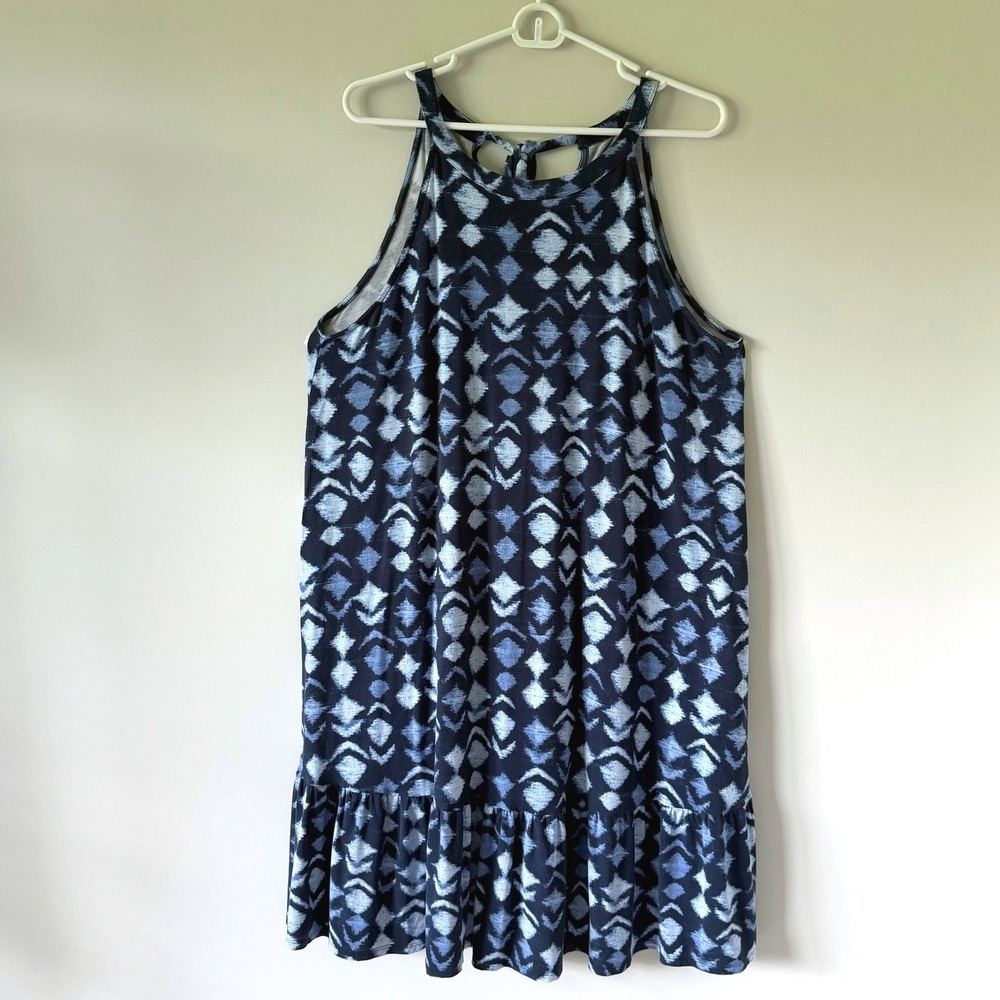 Blue Ikat Print Rayon Halter Neck Ruffle Hem Dress XXL Boho Feminine Beach Flowy